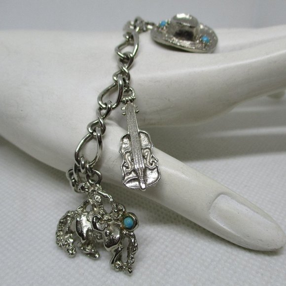 WESTERN CHARM BRACELETS Southwestern Silver Tone Charm Bracelet Turquoise Caboch - Picture 11 of 12